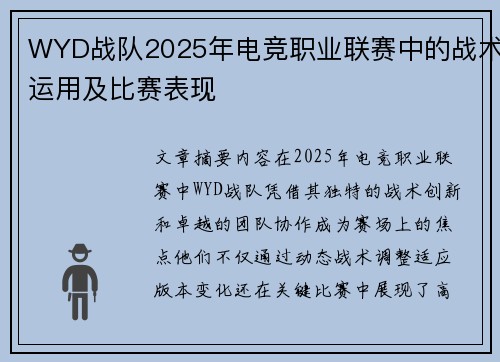 WYD战队2025年电竞职业联赛中的战术运用及比赛表现