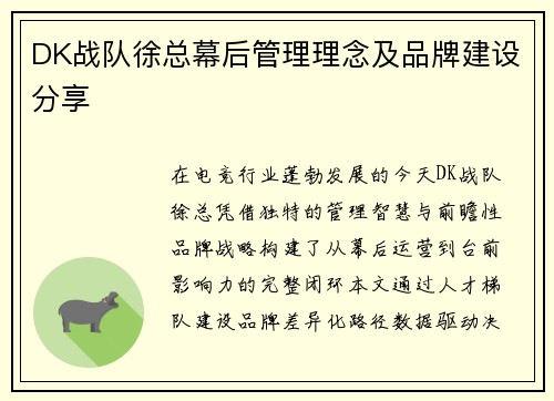 DK战队徐总幕后管理理念及品牌建设分享