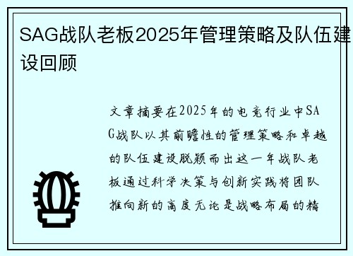 SAG战队老板2025年管理策略及队伍建设回顾